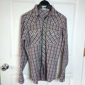 Vintage Lee Pearl Snap Western Shirt M Mens Button Up Plaid Brown